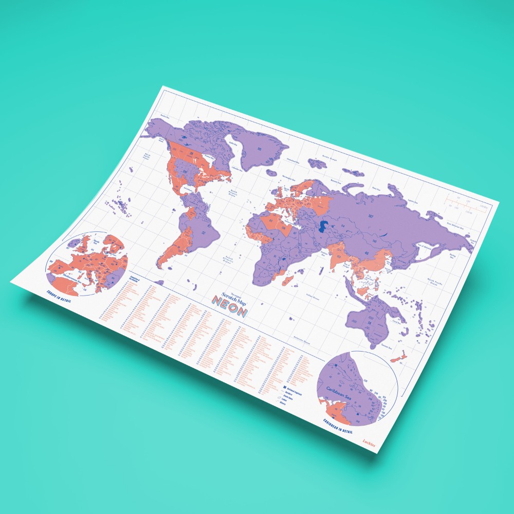 Mini Scratch Map Köp Scratch Map Neon Lila 42x30cm med snabb leverans - Kartbutiken.se