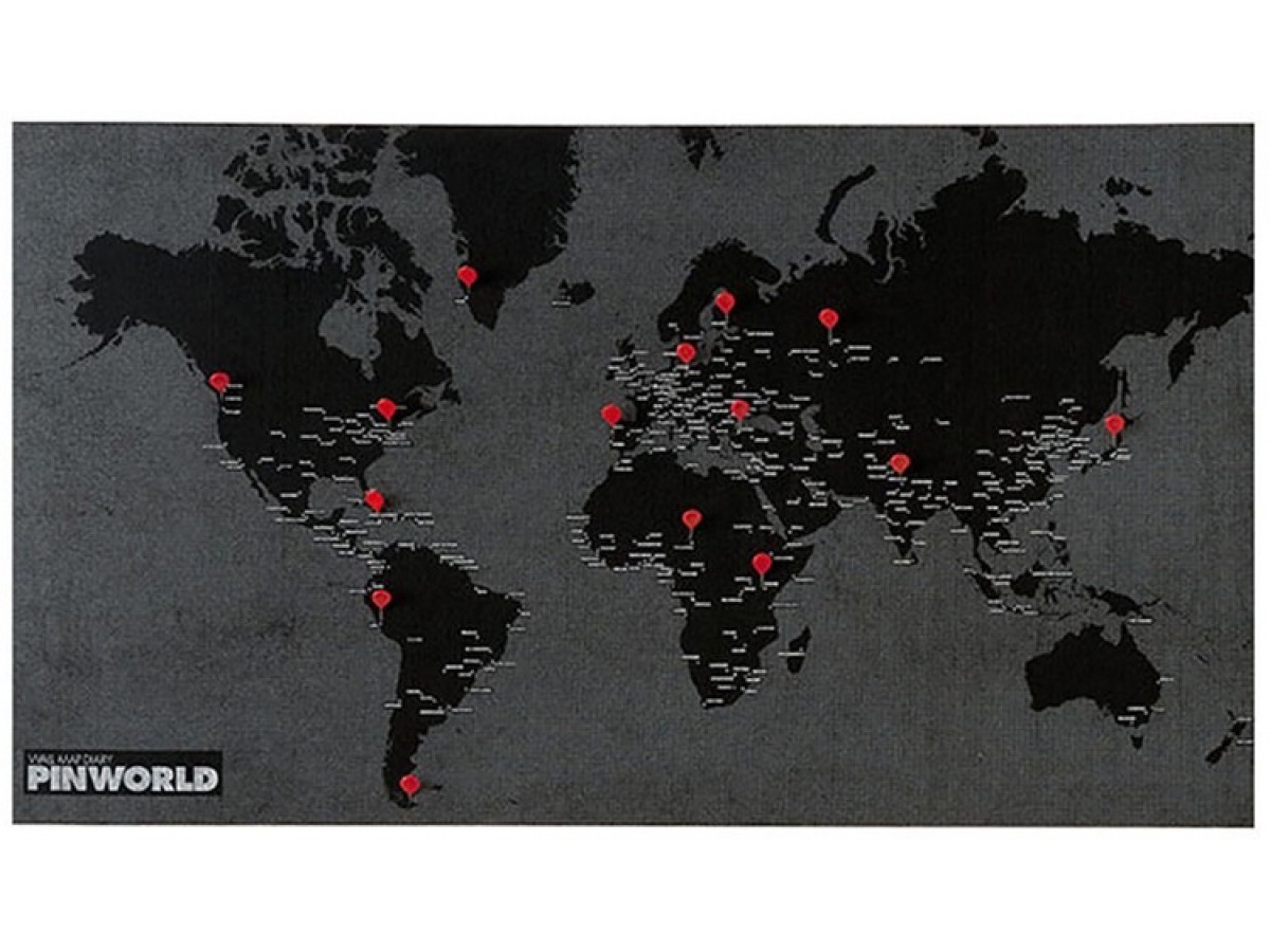 Pin World Black - Världskarta på filt med nålar 124x66cm Pin World Black - Världskarta på filt med nålar 124x66cm