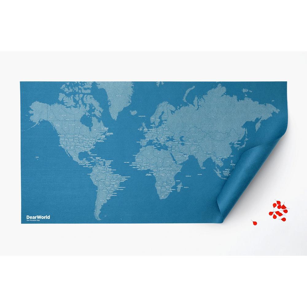 Dear World Blue - Världskarta på filt med nålar 124x66cm