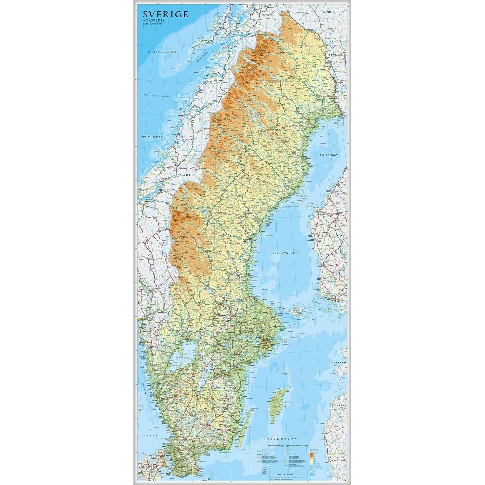 Sverige väggkarta 1:1,3 milj 55x123cm
