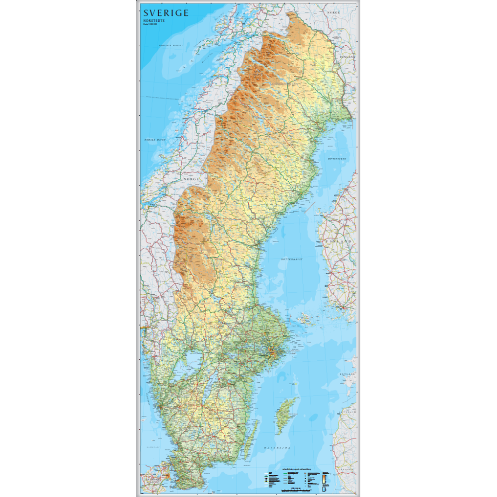 Sverige väggkarta Norstedts 1:900 000, 79x176cm