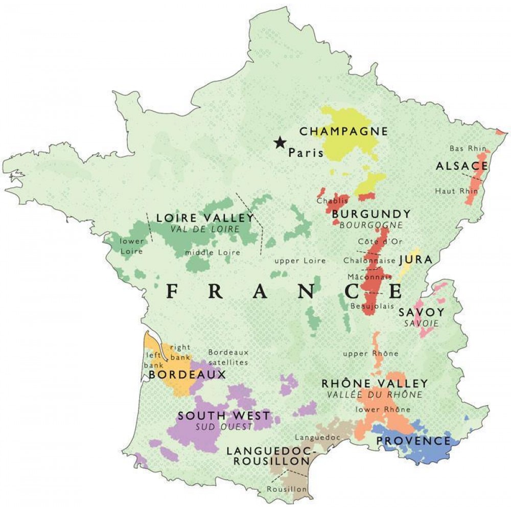 Vinkarta Frankrike väggkarta