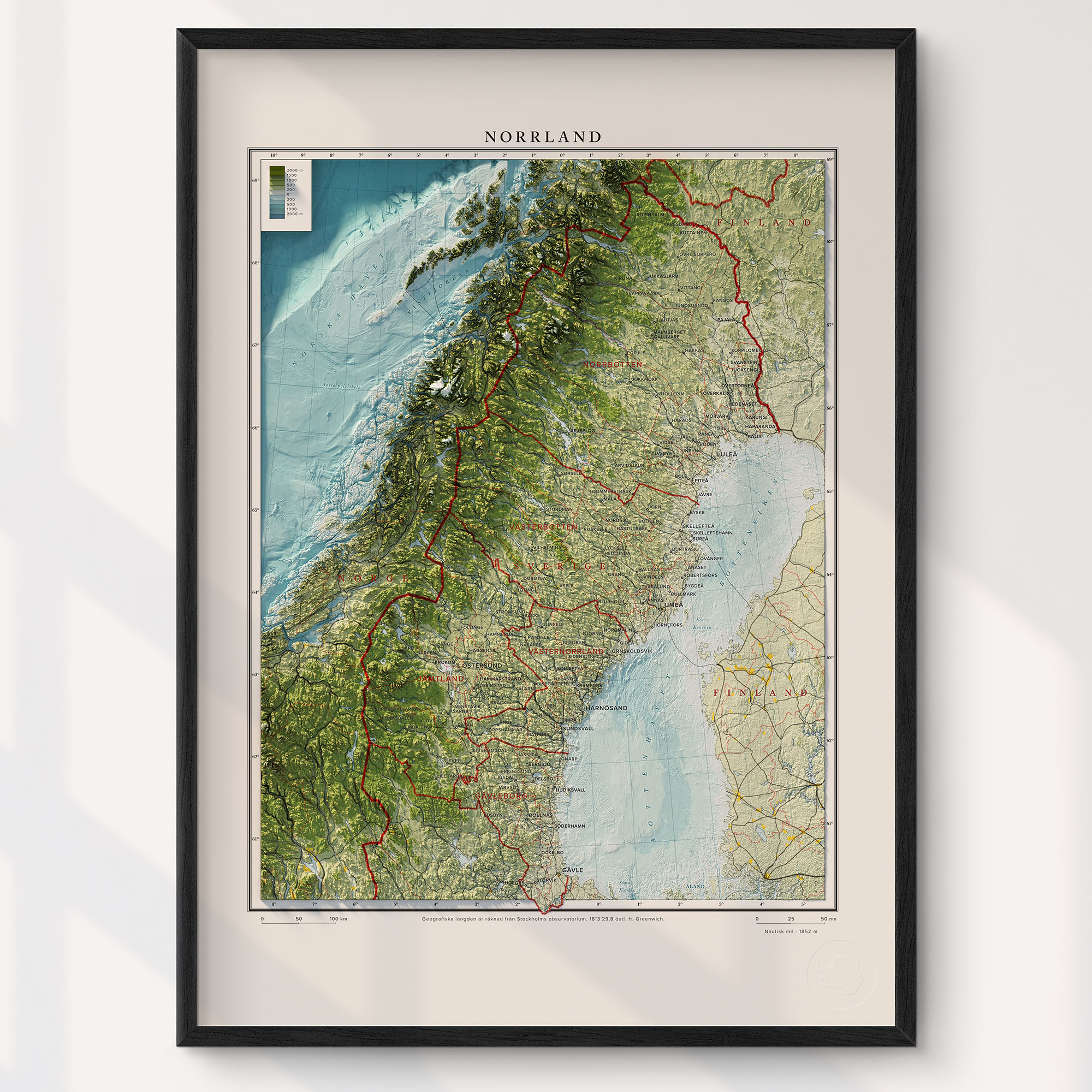 Norrland väggkarta Mapbits Monterad med ram