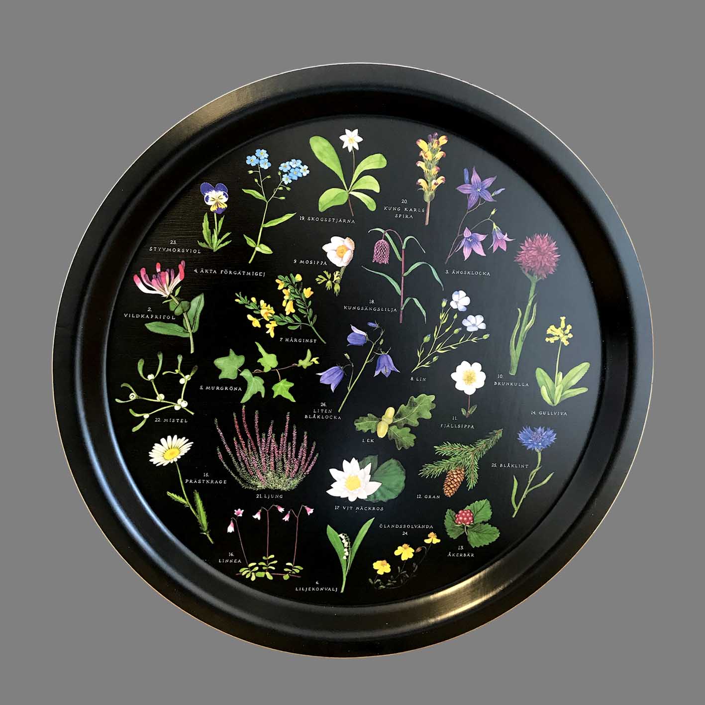 Bricka Sveriges Landskapsblommor (svart)
