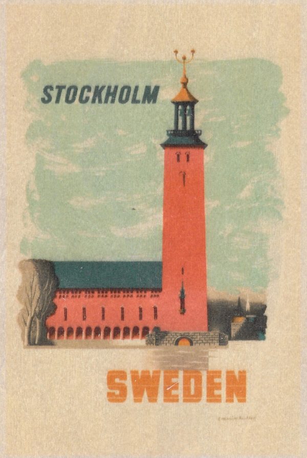 Vykort trä Stadshuset i Stockholm (Kauffer)