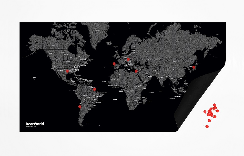 Dear World Black - Världskarta på filt med nålar 124x66cm