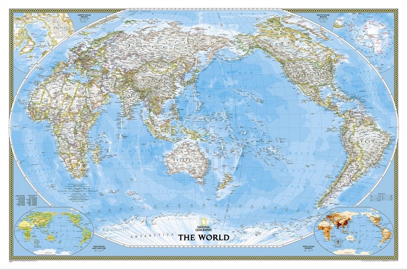 Världen väggkarta NGS Pacific Centered 1:36,38milj