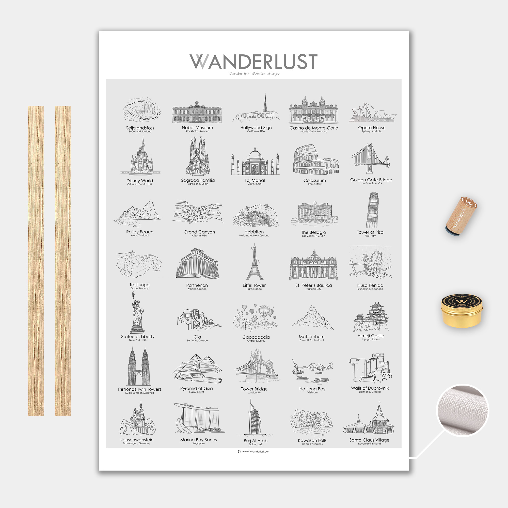 Världen Lilla Canvas Poster 35x50cm VVanderlust med trälist ek