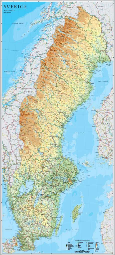 Sverige väggkarta Kartförlaget 1:900 000, 79x176cm med ram