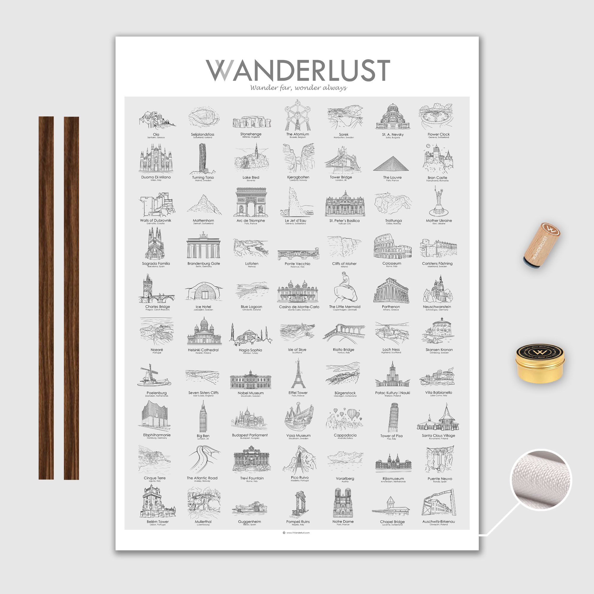 Europa Canvas Poster 50x70cm VVanderlust med trälist valnöt