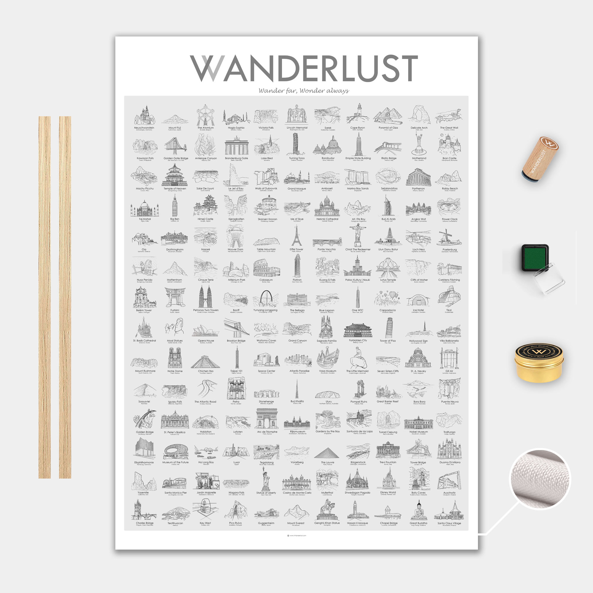 Världen The Big One Canvas Poster 70x100cm VVanderlust med trälist ek