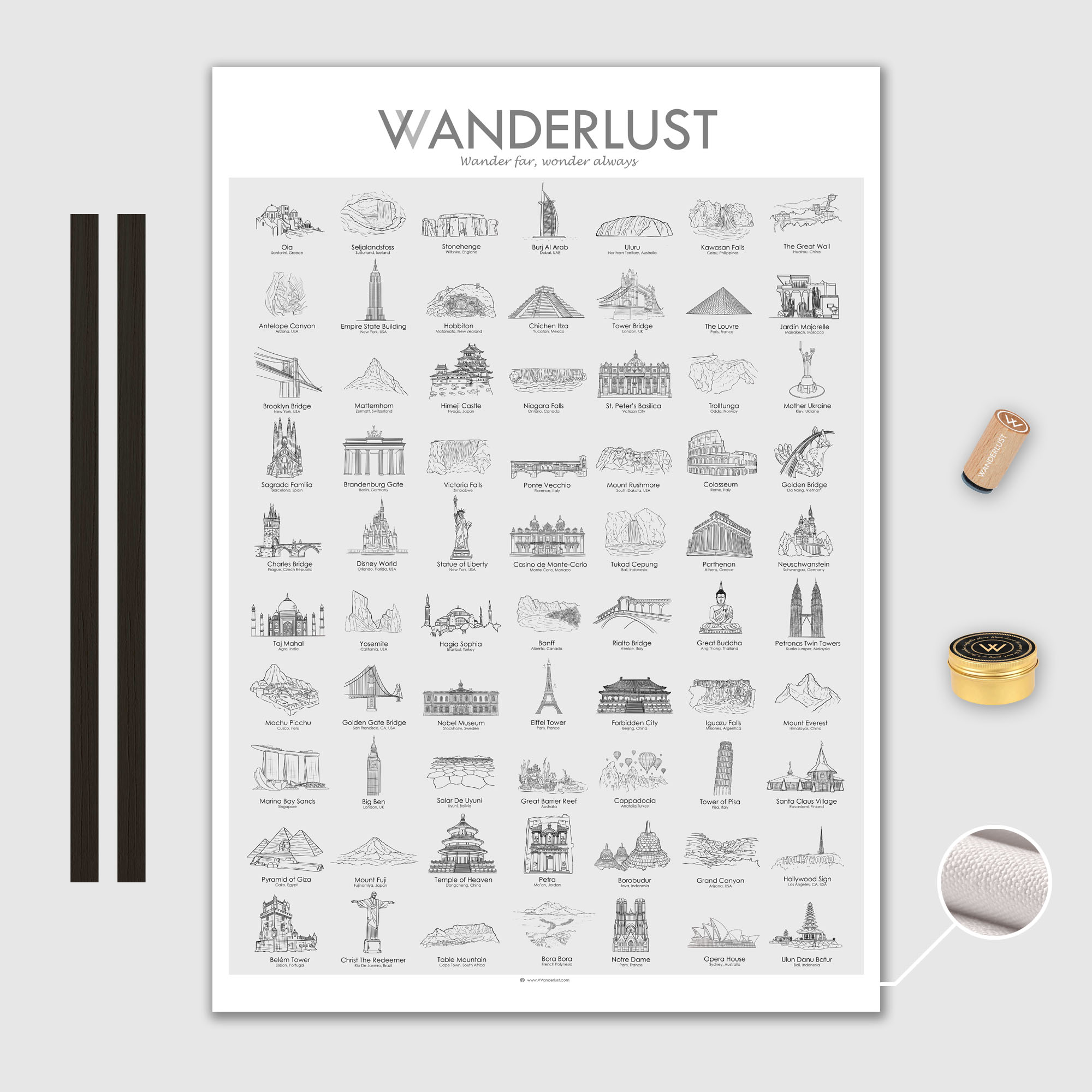 Världen Canvas Poster 50x70cm VVanderlust med trälist svart