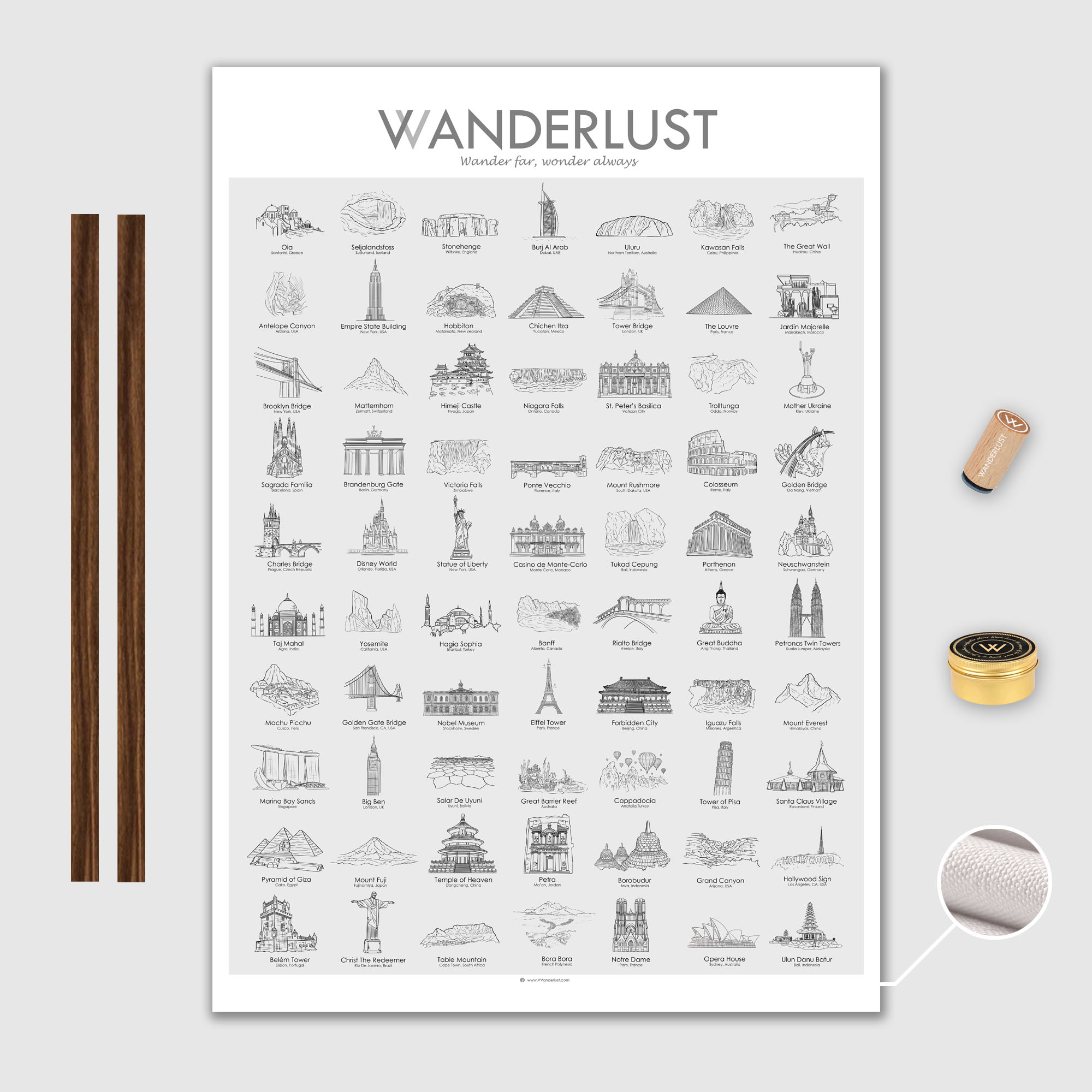 Världen Canvas Poster 50x70cm VVanderlust med trälist valnöt