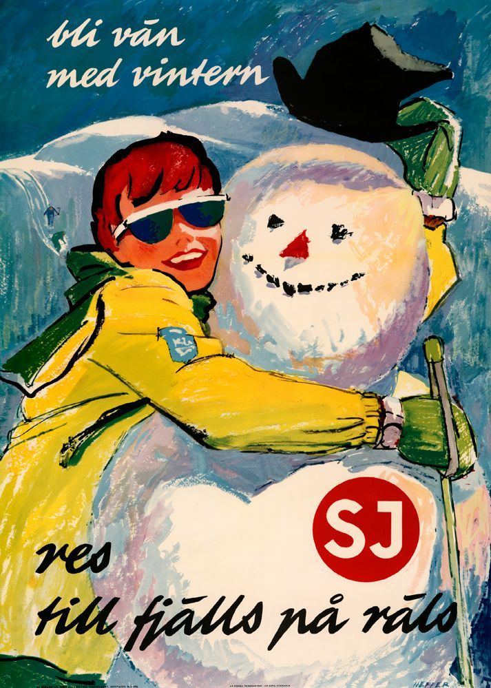 Bli vän med vintern Snögubbe 1955, affisch 21x30cm