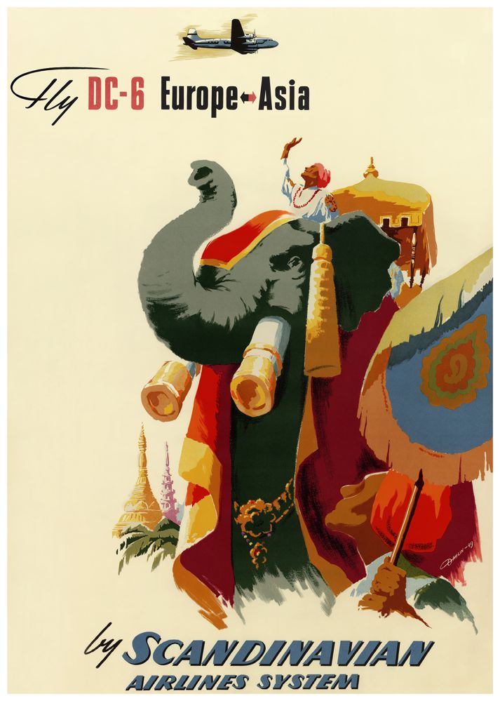 Scandinavian Airlines DC-6 Europe-Asia, affisch 21x30cm