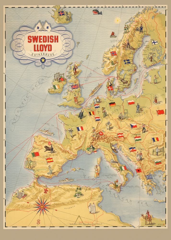 Svenska Lloyd karta Europa, affisch 21x30cm