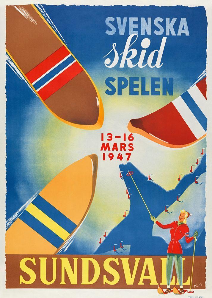Svenska Skidspelen i Sundsvall 1947, affisch 21x30cm
