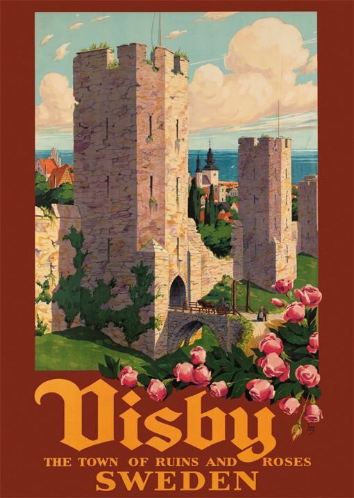 Visby Towns, ruins and roses 1932, affisch 21x30cm